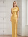 Gold mother of the bride column gown with folded shoulder drape