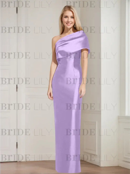 Lavender mother of the bride column gown with folded shoulder drape