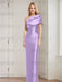 Lavender mother of the bride column gown with folded shoulder drape
