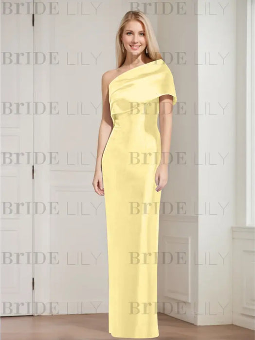 Lemon Yellow mother of the bride column gown with folded shoulder drape