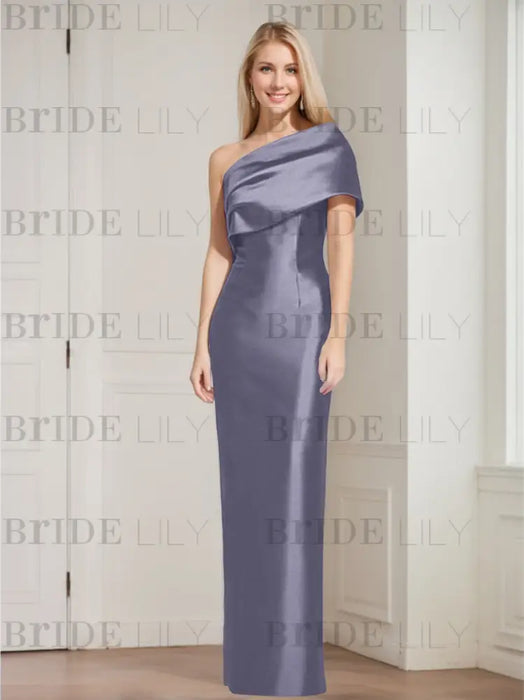 Lilac Grey mother of the bride column gown with folded shoulder drape