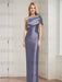 Lilac Grey mother of the bride column gown with folded shoulder drape