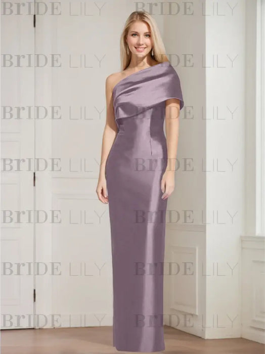 Mauve mother of the bride column gown with folded shoulder drape