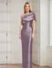 Mauve mother of the bride column gown with folded shoulder drape