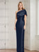 Midnight Navy mother of the bride column gown with folded shoulder drape