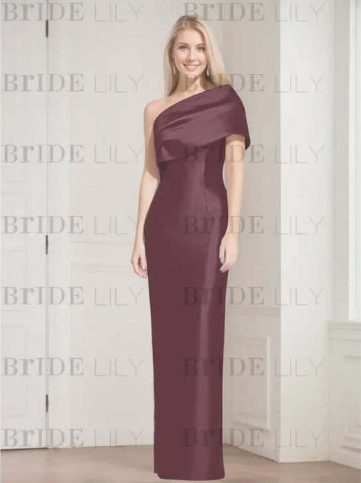 Mulberry mother of the bride column gown with folded shoulder drape
