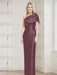 Mulberry mother of the bride column gown with folded shoulder drape