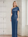 Navy Blue mother of the bride column gown with folded shoulder drape