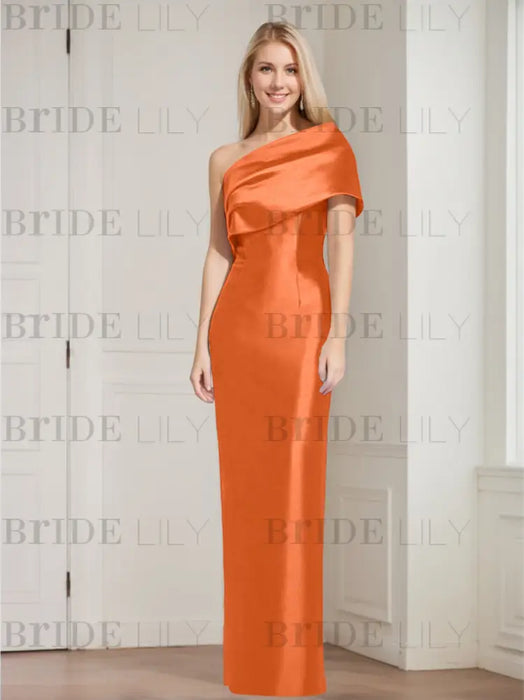 Orange mother of the bride column gown with folded shoulder drape