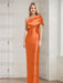 Orange mother of the bride column gown with folded shoulder drape