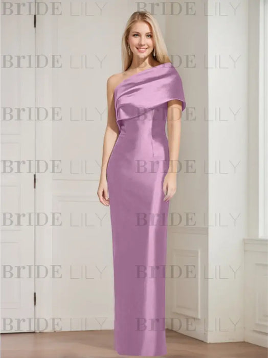 Orchid mother of the bride column gown with folded shoulder drape