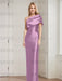 Orchid mother of the bride column gown with folded shoulder drape