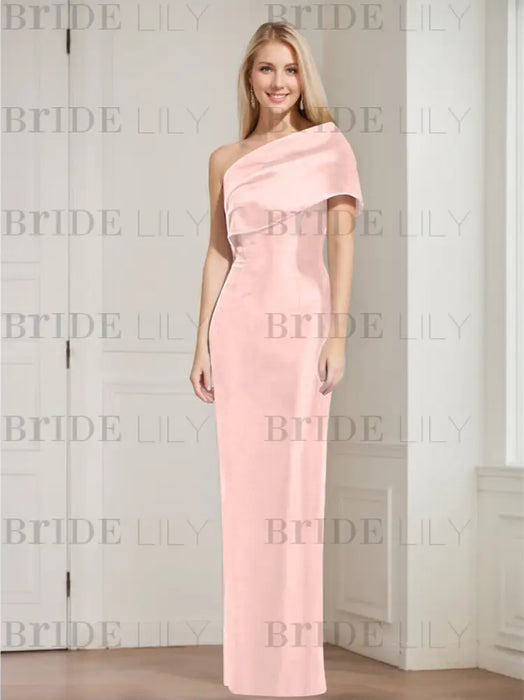 Pale Pink mother of the bride column gown with folded shoulder drape