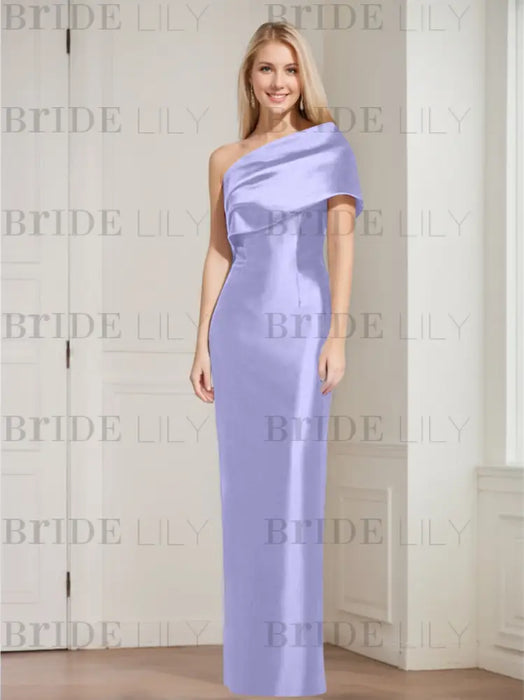 Periwinkle mother of the bride column gown with folded shoulder drape
