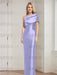 Periwinkle mother of the bride column gown with folded shoulder drape