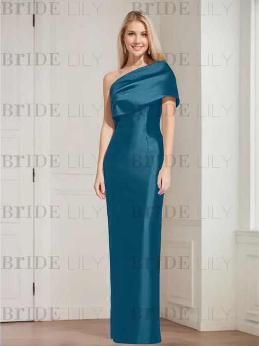 Petrol Blue mother of the bride column gown with folded shoulder drape