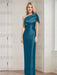 Petrol Blue mother of the bride column gown with folded shoulder drape