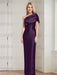 Plum mother of the bride column gown with folded shoulder drape