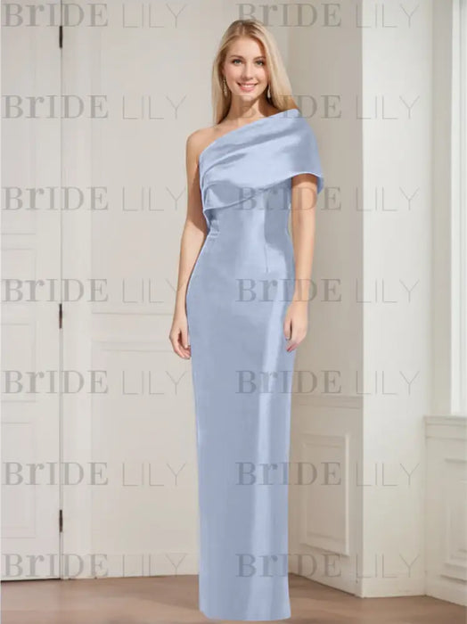 Powder Blue mother of the bride column gown with folded shoulder drape