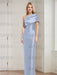 Powder Blue mother of the bride column gown with folded shoulder drape