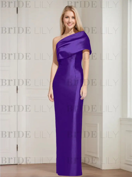 Purple mother of the bride column gown with folded shoulder drape
