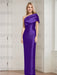 Purple mother of the bride column gown with folded shoulder drape
