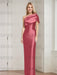 Raspberry Red mother of the bride column gown with folded shoulder drape