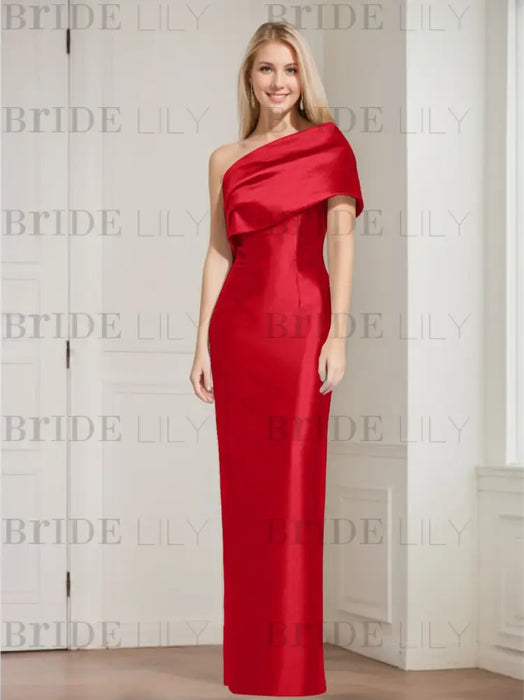 Red mother of the bride column gown with folded shoulder drape