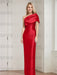 Red mother of the bride column gown with folded shoulder drape