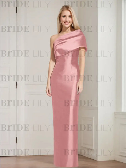 Rose Pink mother of the bride column gown with folded shoulder drape