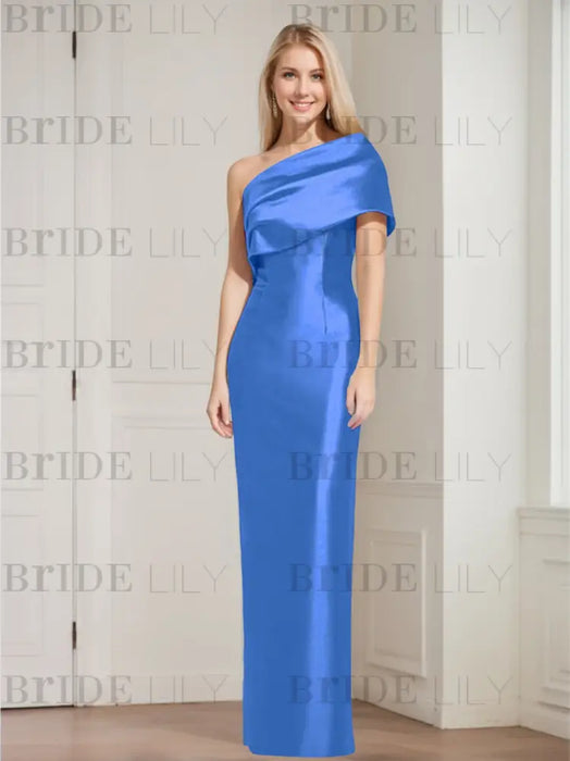 Royal Blue mother of the bride column gown with folded shoulder drape
