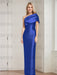 Sapphire Blue mother of the bride column gown with folded shoulder drape