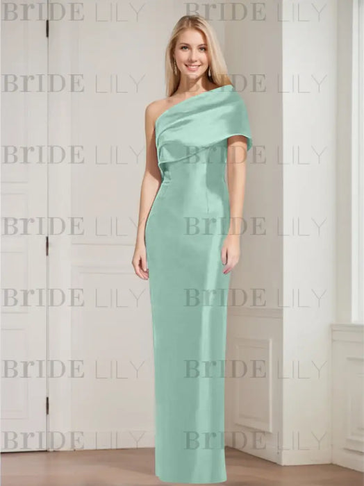 Sea Green mother of the bride column gown with folded shoulder drape