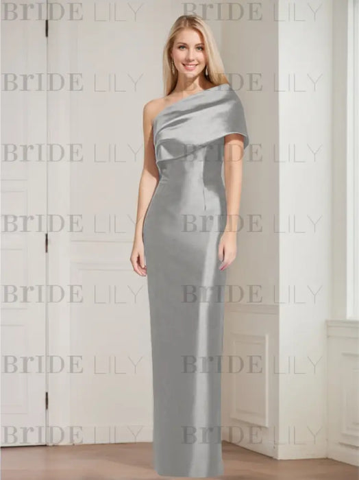 Silver Grey mother of the bride column gown with folded shoulder drape