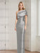 Silver Grey mother of the bride column gown with folded shoulder drape