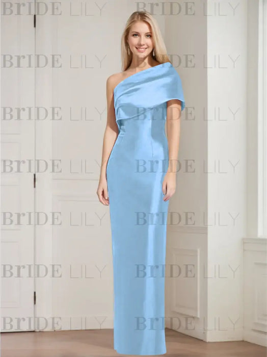Sky Blue mother of the bride column gown with folded shoulder drape