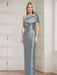 Slate Grey mother of the bride column gown with folded shoulder drape