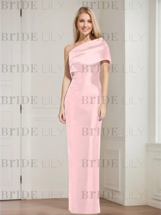 Soft Pink mother of the bride column gown with folded shoulder drape