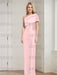 Soft Pink mother of the bride column gown with folded shoulder drape