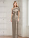 Taupe mother of the bride column gown with folded shoulder drape