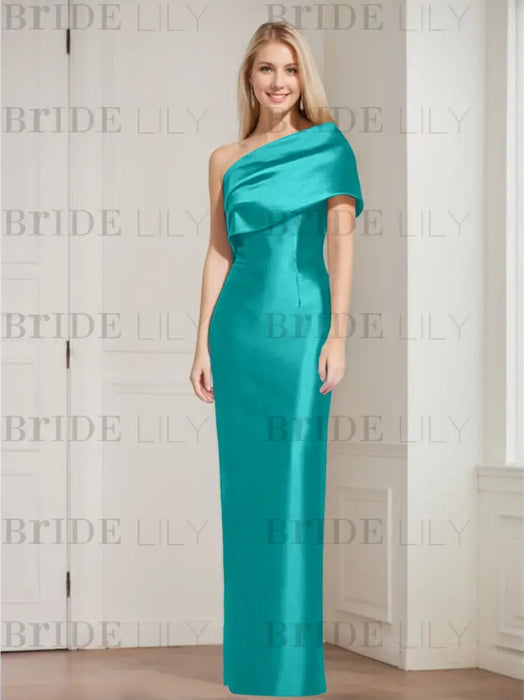 Teal  mother of the bride column gown with folded shoulder drape