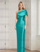 Teal  mother of the bride column gown with folded shoulder drape