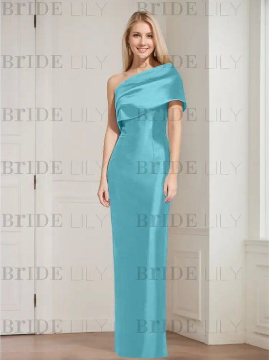 Turquoise mother of the bride column gown  folded shoulder drape