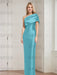 Turquoise mother of the bride column gown  folded shoulder drape