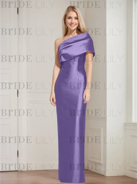 Violet mother of the bride column gown with folded shoulder drape