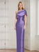 Violet mother of the bride column gown with folded shoulder drape