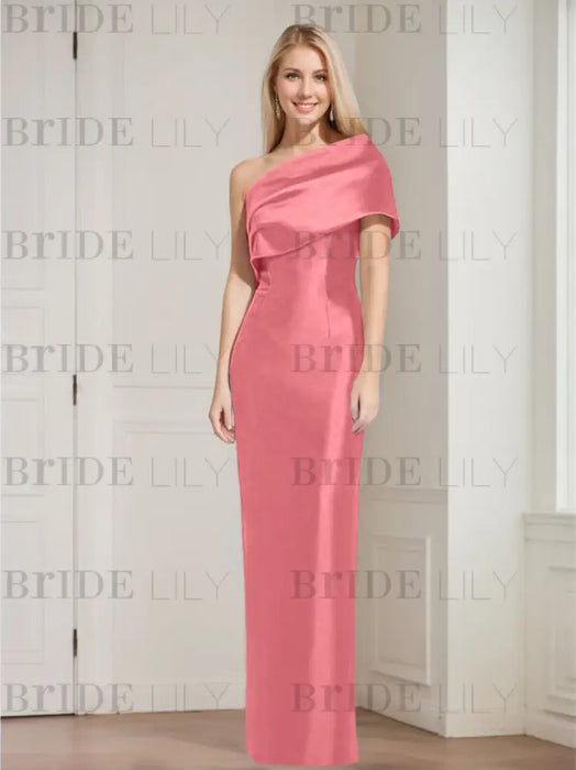 Watermelon Pink mother of the bride column gown with folded shoulder drape
