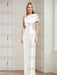 Angled view of the white draped column gown