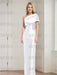 column gown with a folded shoulder drape in white