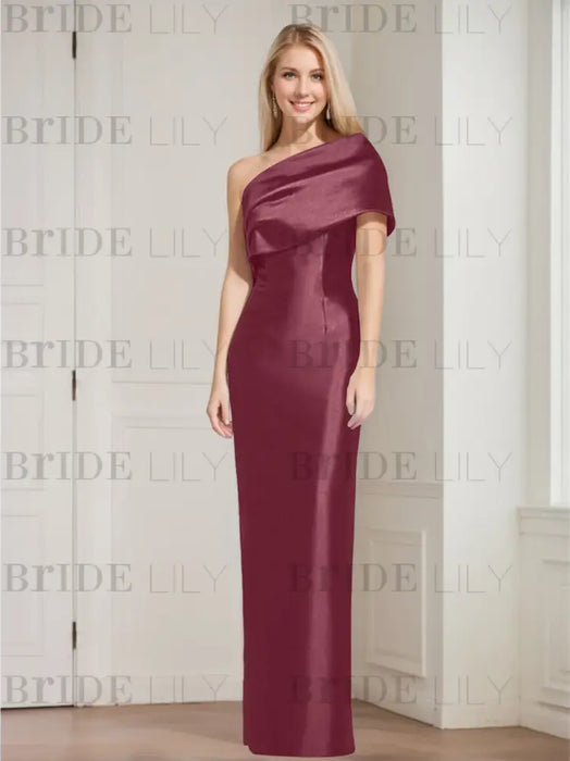 Wine mother of the bride column gown with folded shoulder drape